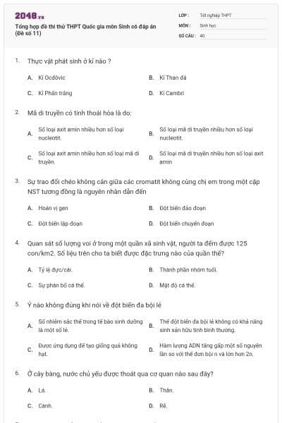Tổng hợp đề thi thử THPT Quốc gia môn Sinh có đáp án (Đề số 11)