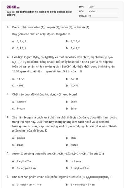 220 Bài tập Hidrocacbon no, không no ôn thi Đại học có lời giải (P6)