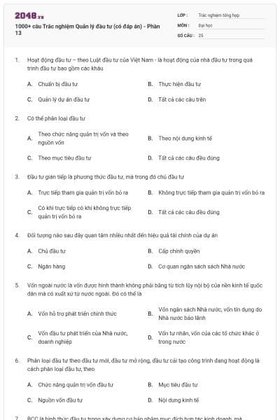 1000+ câu Trắc nghiệm Quản lý đầu tư (có đáp án) - Phần 13