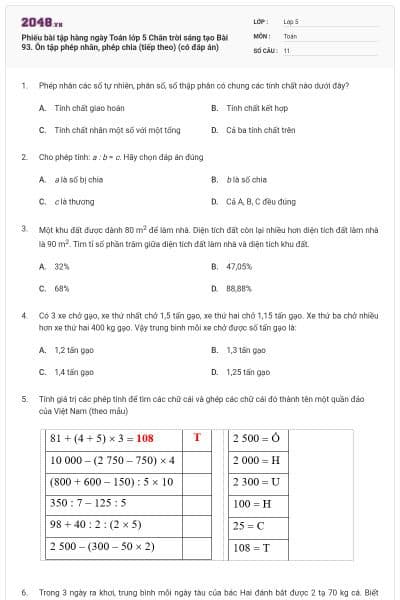 Phiếu bài tập hàng ngày Toán lớp 5 Chân trời sáng tạo Bài 93. Ôn tập phép nhân, phép chia (tiếp theo) (có đáp án)