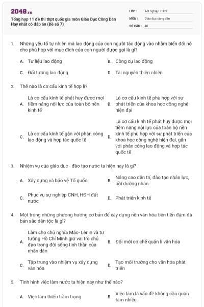 Tổng hợp 11 đề thi thpt quốc gia môn Giáo Dục Công Dân Hay nhất có đáp án (Đề số 7)