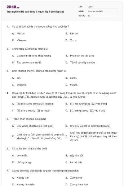 Trắc nghiệm Hệ vận động ở người lớp 8 (có đáp án)