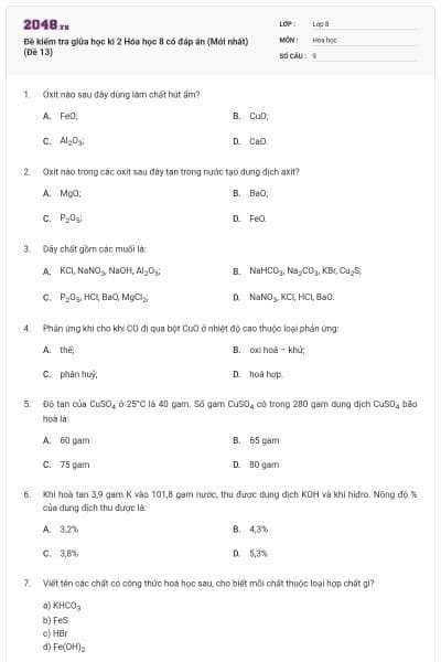 Đề kiểm tra giữa học kì 2 Hóa học 8 có đáp án (Mới nhất) (Đề 13)