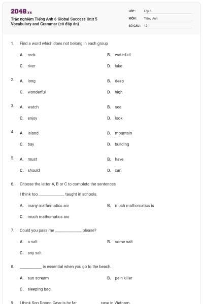 Trắc nghiệm Tiếng Anh 6 Global Success Unit 5 Vocabulary and Grammar (có đáp án)