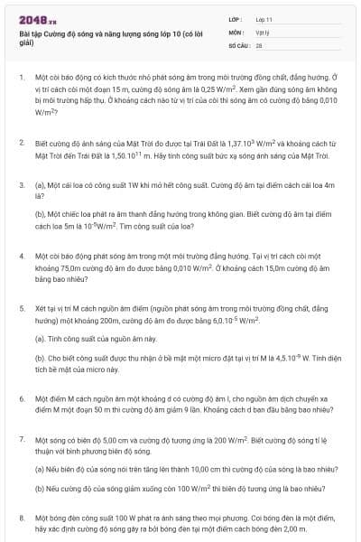 Bài tập Cường độ sóng và năng lượng sóng lớp 10 (có lời giải)