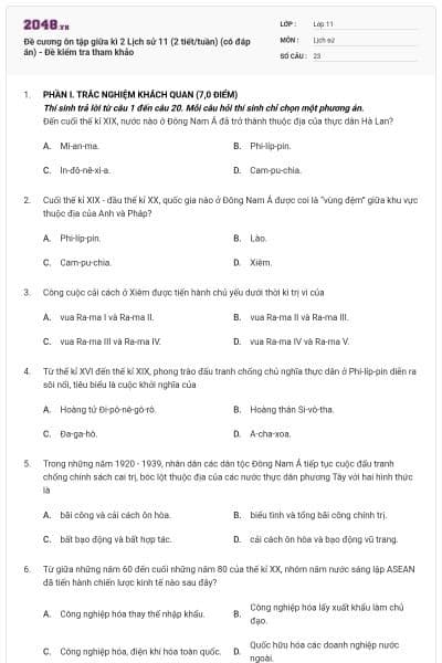 Đề cương ôn tập giữa kì 2 Lịch sử 11 (2 tiết/tuần) (có đáp án) - Đề kiểm tra tham khảo