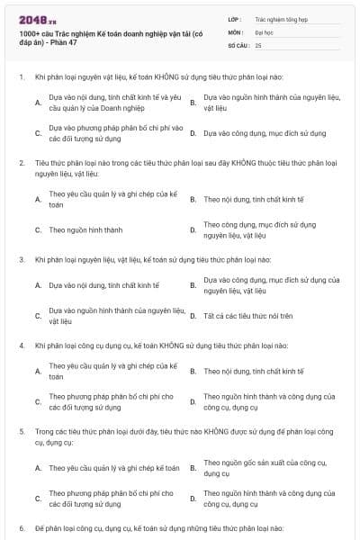 1000+ câu Trắc nghiệm Kế toán doanh nghiệp vận tải (có đáp án) - Phần 47