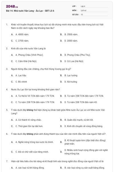 Bài 14. Nhà nước Văn Lang - Âu Lạc - SBT LS 6