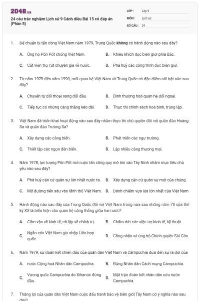 24 câu trắc nghiệm Lịch sử 9 Cánh diều Bài 15 có đáp án (Phần 5)