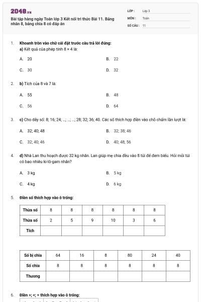 Bài tập hàng ngày Toán lớp 3 Kết nối tri thức Bài 11. Bảng nhân 8, bảng chia 8 có đáp án