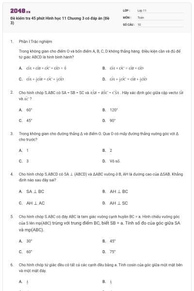 Đề kiểm tra 45 phút Hình học 11 Chương 3 có đáp án (Đề 3)