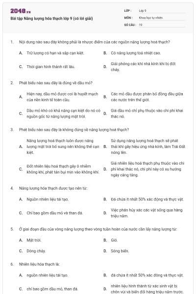 Bài tập Năng lượng hóa thạch lớp 9 (có lời giải)