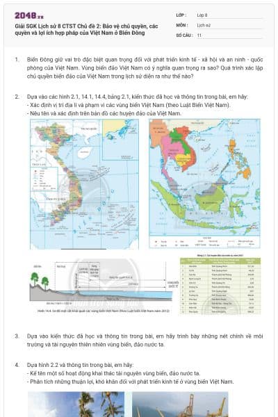 Giải SGK Lịch sử 8 CTST Chủ đề 2: Bảo vệ chủ quyền, các quyền và lợi ích hợp pháp của Việt Nam ở Biển Đông