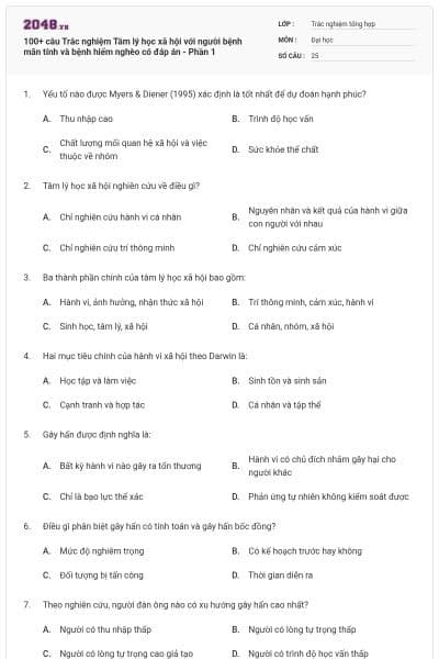 100+ câu Trắc nghiệm Tâm lý học xã hội với người bệnh mãn tính và bệnh hiểm nghèo có đáp án - Phần 1