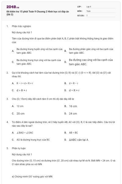 Đề kiểm tra 15 phút Toán 9 Chương 2 Hình học có đáp án (Đề 3)