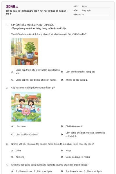 Đề thi cuối kì 1 Công nghệ lớp 4 Kết nối tri thức có đáp án - Đề 4