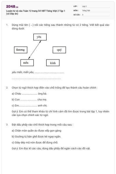 Luyện từ và câu Tuần 12 trang 54 VBT Tiếng Việt 2 Tập 1 (có đáp án)