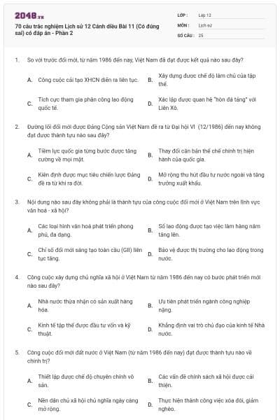 70 câu trắc nghiệm Lịch sử 12 Cánh diều Bài 11 (Có đúng sai) có đáp án - Phần 2