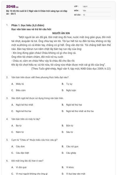Bộ 10 đề thi cuối kì 2 Ngữ văn 6 Chân trời sáng tạo có đáp án - Đề 5