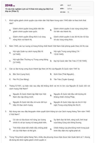 15 câu trắc nghiệm Lịch sử 9 Chân trời sáng tạo Bài 8 có đáp án (Phần 5)