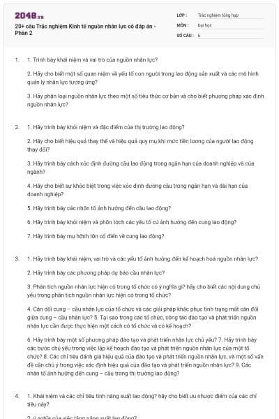 20+ câu Trắc nghiệm Kinh tế nguồn nhân lực có đáp án - Phần 2