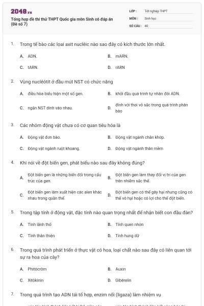 Tổng hợp đề thi thử THPT Quốc gia môn Sinh có đáp án (Đề số 7)