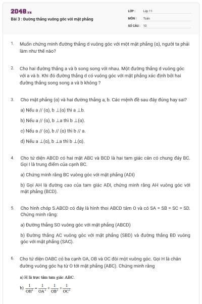 Bài 3 : Đường thẳng vuông góc với mặt phẳng