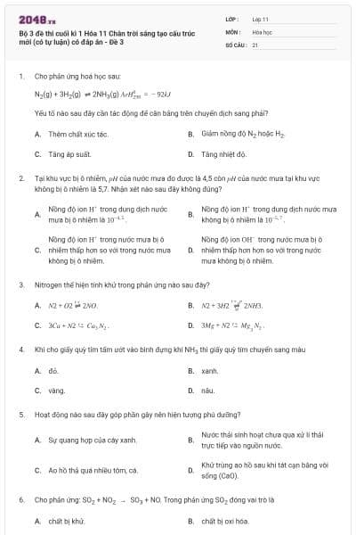 Bộ 3 đề thi cuối kì 1 Hóa 11 Chân trời sáng tạo cấu trúc mới (có tự luận) có đáp án - Đề 3