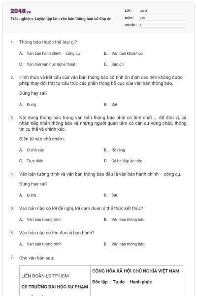 Trắc nghiệm: Luyện tập làm văn bản thông báo có đáp án