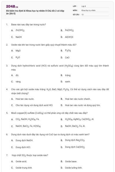 Đề kiểm tra định kì Khoa học tự nhiên 8 Chủ đề 2 có đáp án (Đề 8)