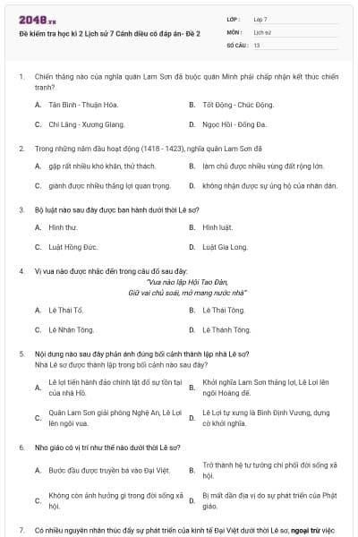 Đề kiểm tra học kì 2 Lịch sử 7 Cánh diều có đáp án- Đề 2