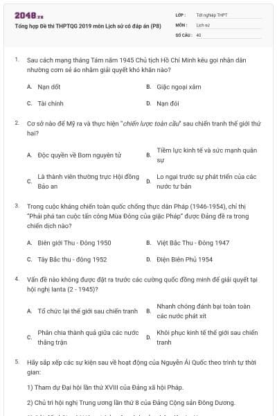 Tổng hợp Đề thi THPTQG 2019 môn Lịch sử có đáp án (P8)