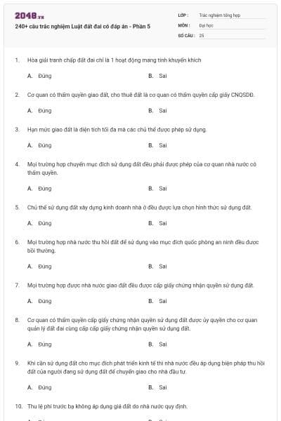240+ câu trắc nghiệm Luật đất đai có đáp án - Phần 5