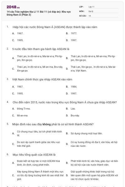 14 câu  Trắc nghiệm Địa Lí 11 Bài 11 (có đáp án): Khu vực Đông Nam Á (Phần 3)