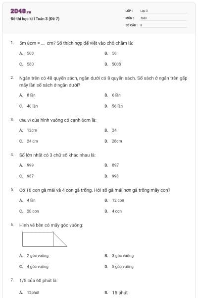Đề thi học kì I Toán 3 (Đề 7)