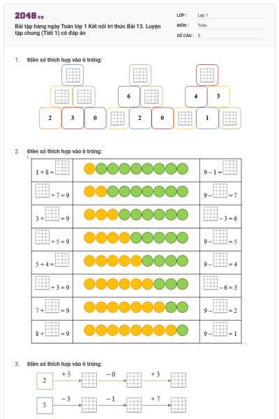 Bài tập hàng ngày Toán lớp 1 Kết nối tri thức Bài 13. Luyện tập chung (Tiết 1) có đáp án