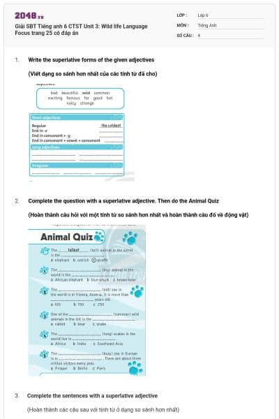 Giải SBT Tiếng anh 6 CTST Unit 3: Wild life Language Focus trang 25 có đáp án