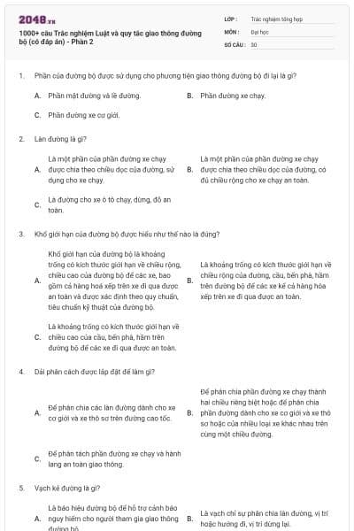 1000+ câu Trắc nghiệm Luật và quy tắc giao thông đường bộ (có đáp án) - Phần 2