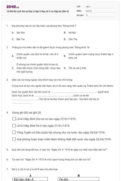 10 Đề thi Lịch Sử và Địa Lí lớp 5 Học kì 2 có đáp án (Đề 3)