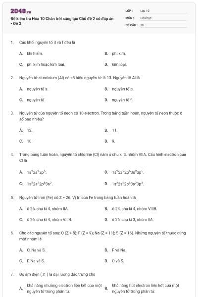 Đề kiểm tra Hóa 10 Chân trời sáng tạo Chủ đề 2 có đáp án - Đề 2