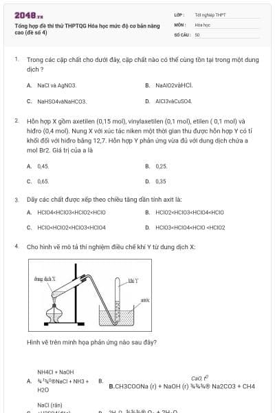 Tổng hợp đề thi thử THPTQG Hóa học mức độ cơ bản nâng cao (đề số 4)