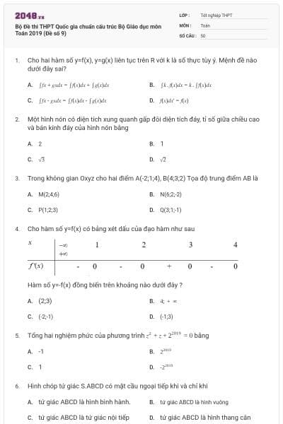 Bộ Đề thi THPT Quốc gia chuẩn cấu trúc Bộ Giáo dục môn Toán 2019 (Đề số 9)