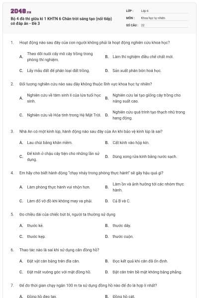 Bộ 4 đề thi giữa kì 1 KHTN 6 Chân trời sáng tạo (nối tiếp) có đáp án - Đề 3