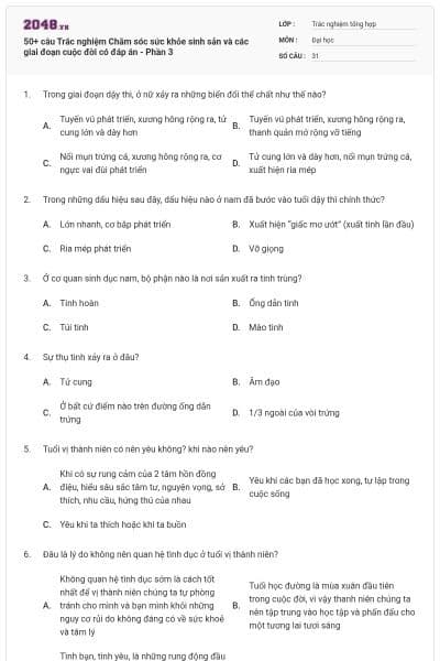 50+ câu Trắc nghiệm Chăm sóc sức khỏe sinh sản và các giai đoạn cuộc đời có đáp án - Phần 3