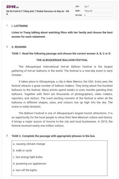 Đề thi Cuối kì 2 Tiếng Anh 7 Global Success có đáp án - Đề 6