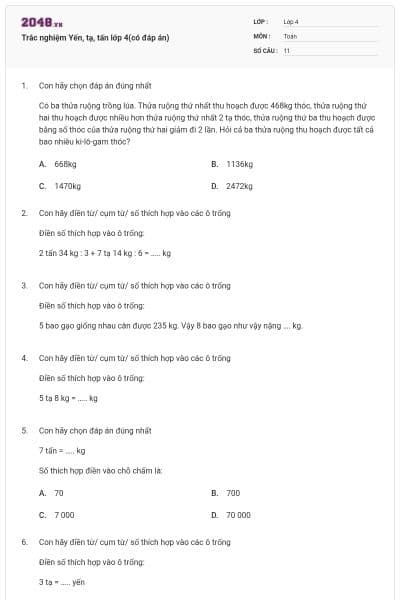 Trắc nghiệm Yến, tạ, tấn lớp 4(có đáp án)