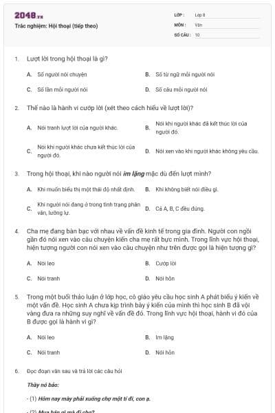Trắc nghiệm: Hội thoại (tiếp theo)