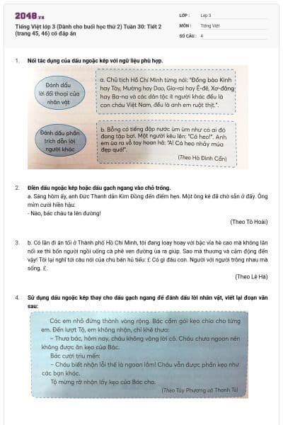 Tiếng Việt lớp 3 (Dành cho buổi học thứ 2) Tuần 30: Tiết 2 (trang 45, 46) có đáp án