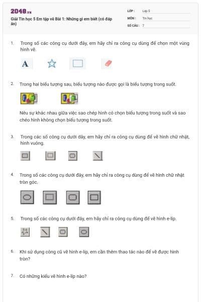 Giải Tin học 5 Em tập vẽ Bài 1: Những gì em biết (có đáp án)