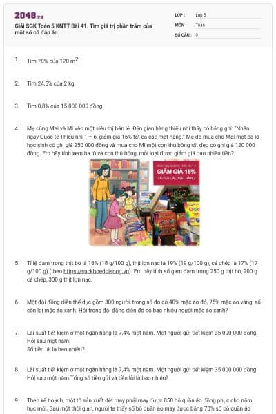 Giải SGK Toán 5 KNTT Bài 41. Tìm giá trị phần trăm của một số có đáp án
